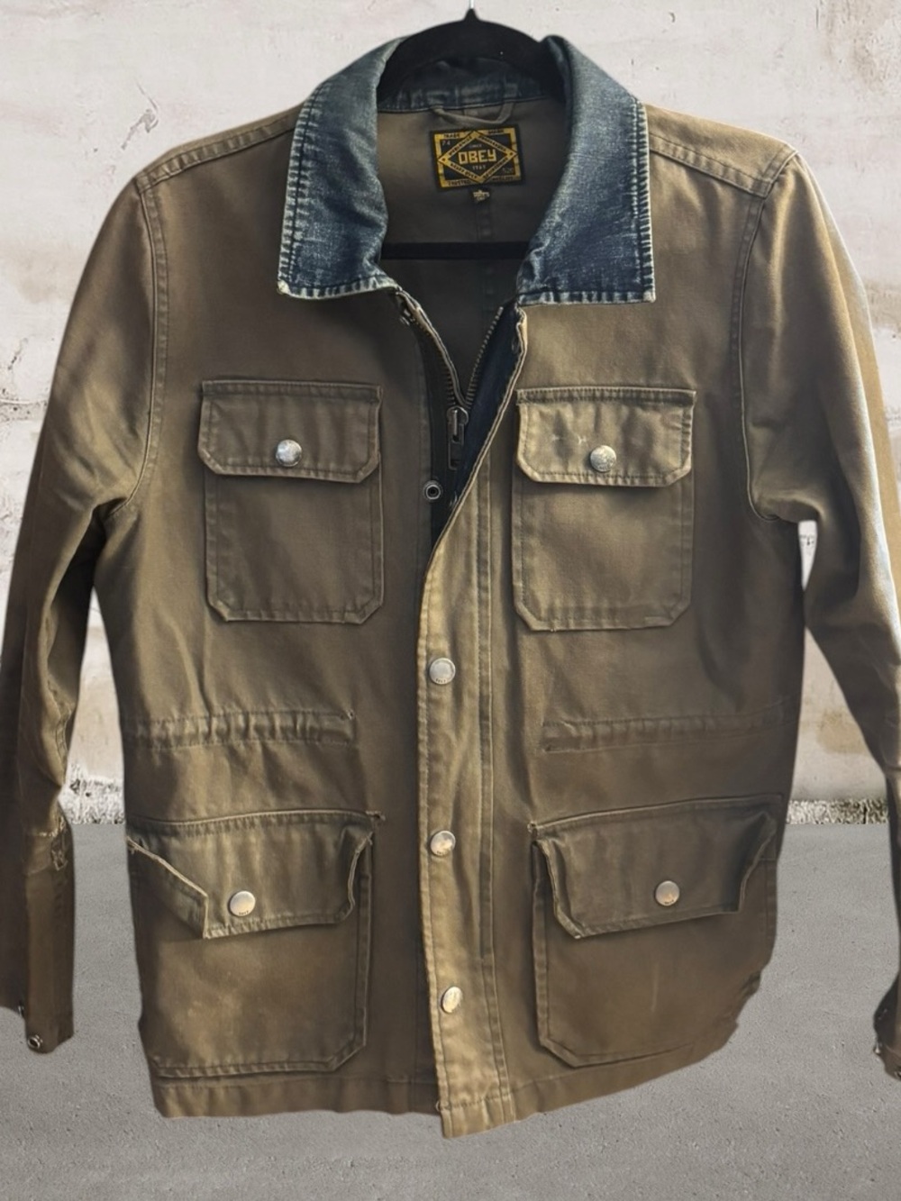 OBEY Men's Olive Brown Work Jacket with Denim Collar Size Small - Picture 2 of 6